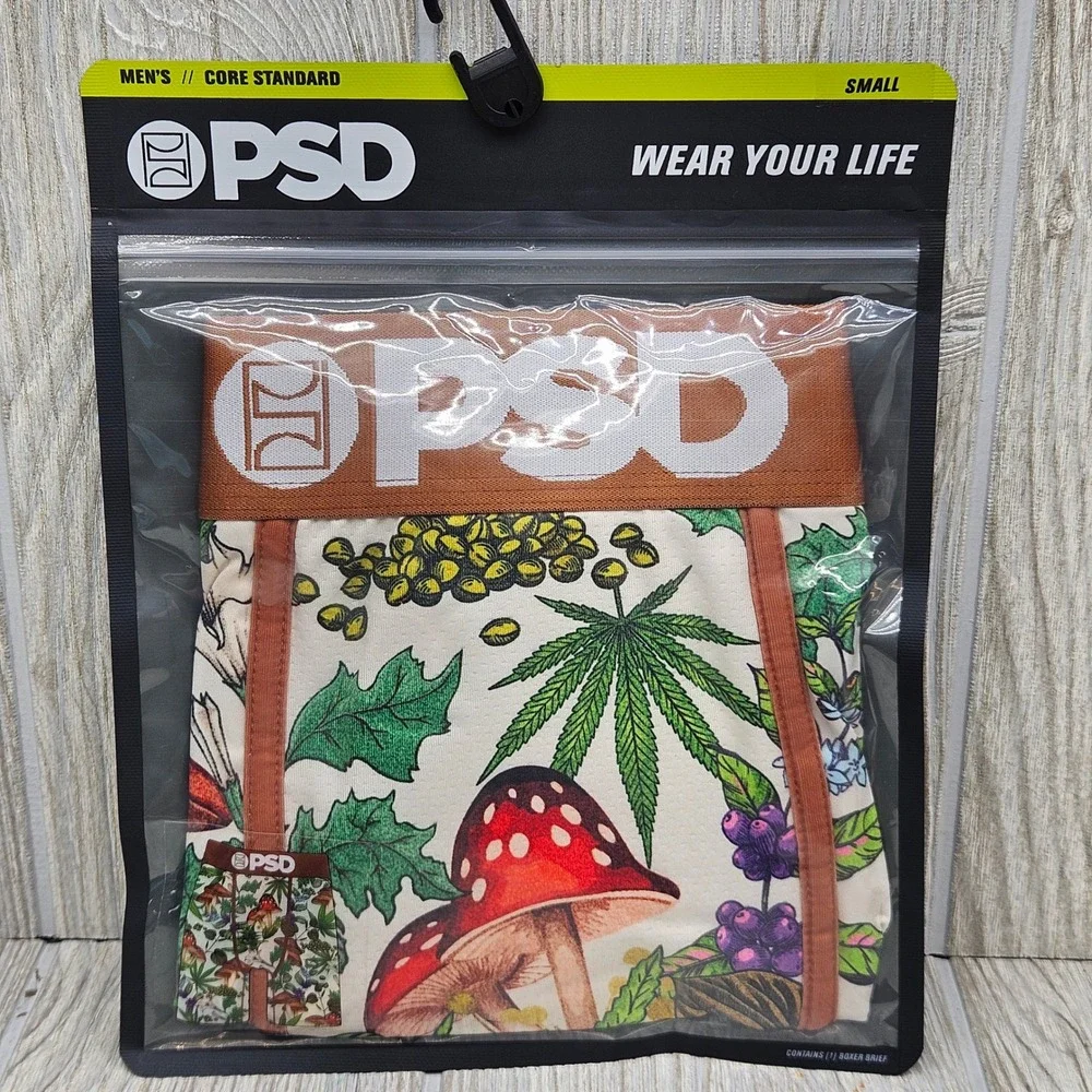 PSD Mens Psychoactive Boxer Briefs Small Mushroom Botanical Print Underwear NEW